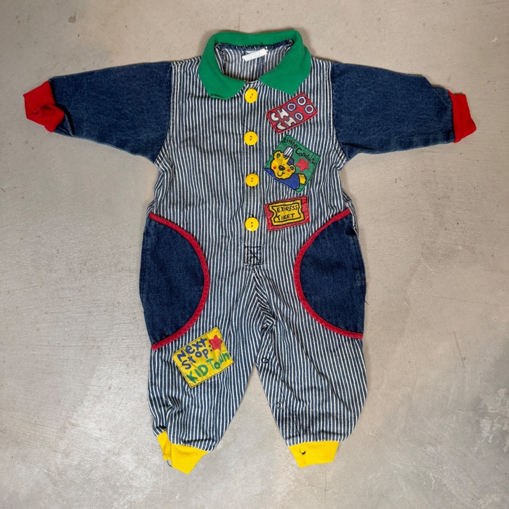 Vintage Hopscotch Kids Train Conductor Hickory Stripe Denim Romper 12 Months